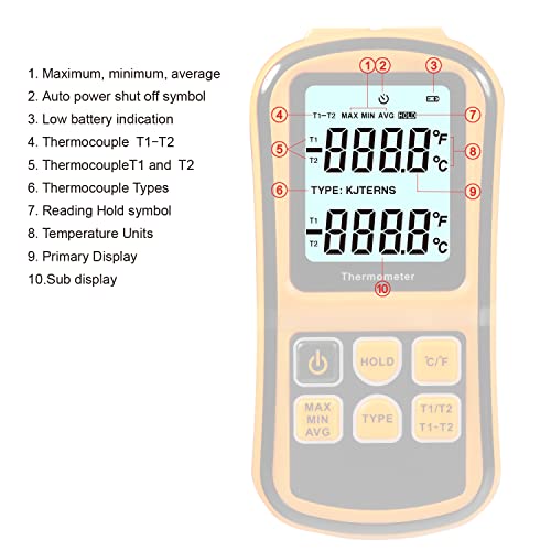 Termômetro digital Pirômetro -400 ° F ~ 3200 ° F, Termômetro de Termoparo Profissional com sonda de termômetro de canal duplo,