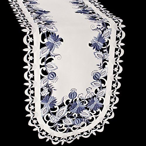 Runner de mesa de flores de cebola azul bordada de Delft, lenço de cômoda, guardana