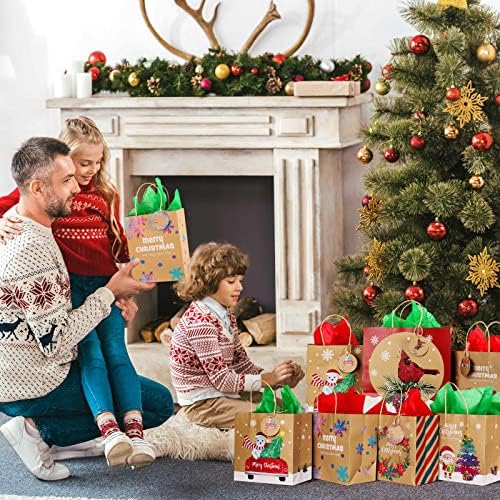 GIIFFU 24 PCS Sacos de presente de Natal duráveis ​​Kraft com 24 papel de seda e 24 tags, 8 estilos 3 tamanhos reutilizáveis ​​sacos de presente de natal com alça