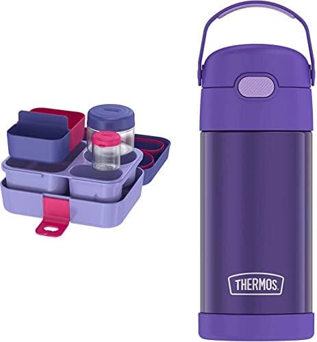 Thermos Kids Freestyle Kit Sistema de armazenamento de alimentos roxo, conjunto de 8 peças e funtainner de 12 onças de aço inoxidável