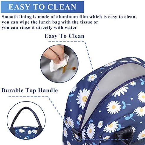 Lancheiras vaschy para mulheres, lancheira fofa isolada bolsa reutilizável com alça de ombro removível para o trabalho azul com margarida