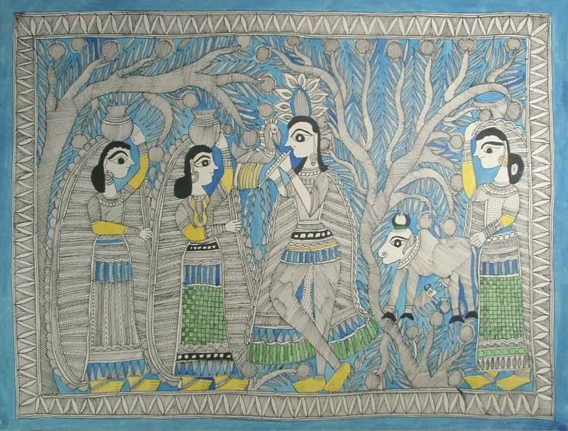 Novica Blue ou Purple Folk Art Madhubani Pintura da Índia 'em um dia ensolarado'