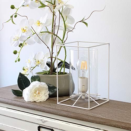 Designs elegantes LT2069-WHT Pequeno vidro exposto e lâmpada de mesa de metal, branca e clara