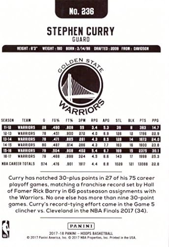 2017-18 Panini NBA Hoops #236 Cartão de basquete de Stephen Curry