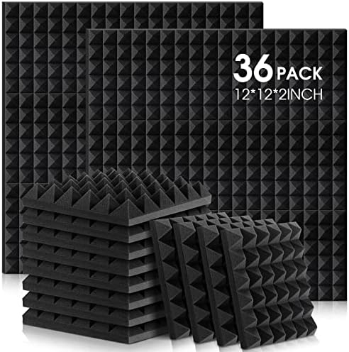 36 Pacote de painéis de espuma à prova de som auto-adesivos 12 x 12 x 2 polegadas pirâmide projetadas por painéis de espuma acústica