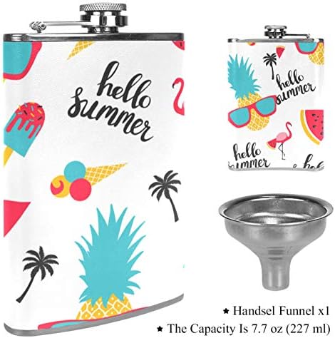 Balão de quadril para bebidas inoxidáveis ​​à prova de vazamentos de aço inoxidável com funil 7,7 oz de couro ótima ideia de presente Flask - Flamingos de abacaxi de praia de verão