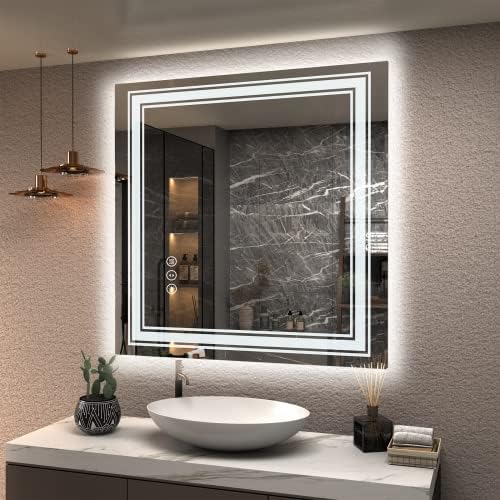 Golomo 36x36 Espelho de LED quadrado para banheiro, espelho de vaidade diminuído com luzes, iluminado e espelho iluminado