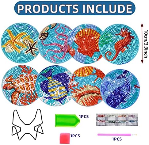 Guhar 8 PCs Sea Marine Animal Diamond Painting Coasters com suporte, Diamond Art Coasters Kit, Diy Diamond Dot Dot Art Coasters