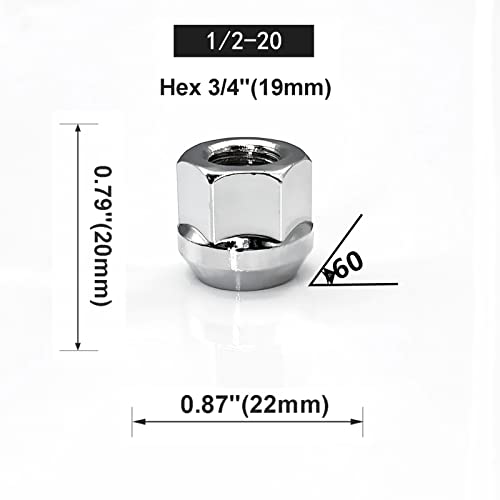 Ssingel 1/2-20 Chrome Bated Wheel Nuts Tipo de extremidade aberta com assento de cone, hexadecimal de 3/4 , 0,79x0,87 polegadas de 24 polegadas de 24