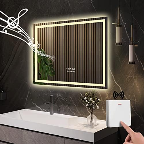 GESIPOR 40 x28 espelho LED de banheiro com interruptor de parede de alto -falante sem fio - espelhos de vaidade iluminados