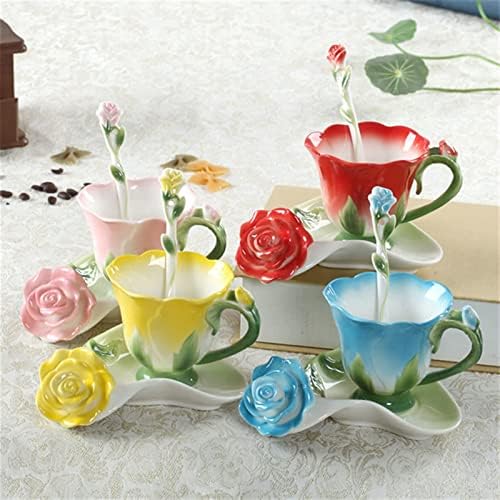 Caneca criativa 3d Rose Shape Flower esmalte o esmalte de cerâmica Cuplea de chá e colher de pires Conjunto de água de porcelana