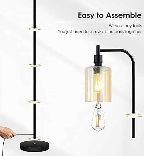 Lâmpada de piso industrial, lâmpada de pé com abajur de vidro dourado, lâmpada de 6W LED incluída, lâmpada de piso