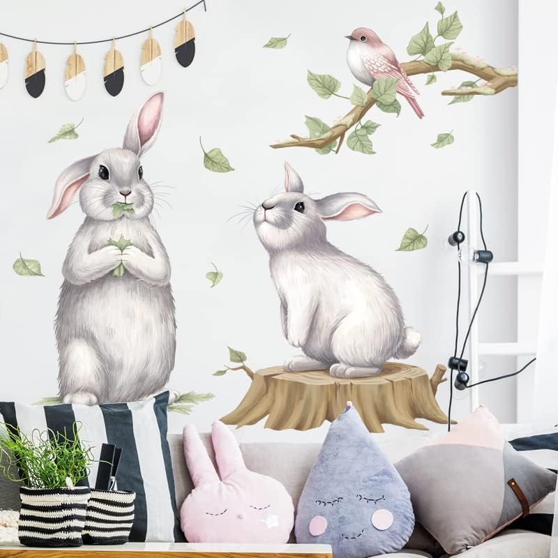 2 adesivos fofos de parede de coelho com pássaro nos galhos decalques removíveis desenho animado coelhinho papel de parede decoração