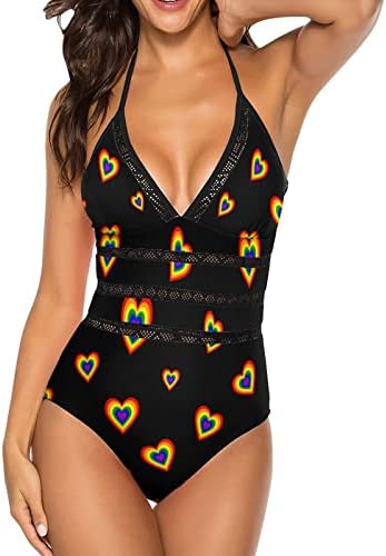 Rainbowheart feminino de maiô de pescoço de pescoço Monokini de maiô
