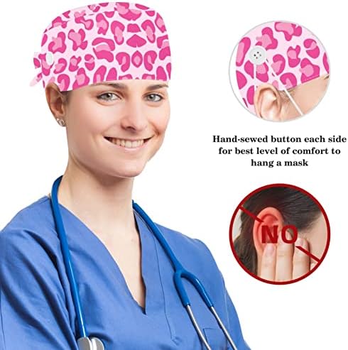 Chapéus cirúrgicos e conjunto de scrunchie de coelho, listras de leopardo coloridas tampas de esfoliação ajustável com botão para