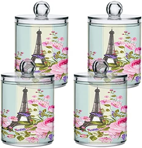 Alaza 2 Pack Qtip Dispensador Paris Eiffel Torre Floral Flores de banheiros Latas organizadoras de banheiro para bolas de algodão/swabs/almofadas/fio