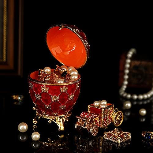 QIFU Vintage Red Faberge Egg Jewelry Box com mini carruagem real, presente exclusivo para a Páscoa