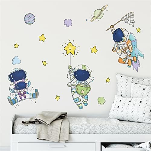 Decalques de parede de astronautas super fofos, adesivos de parede espacial de pvc universo para quarto jardim de infância do quarto