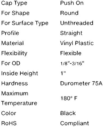 1/8 - 3/16 Vinil preto redondo preto tampa final parafuso parafuso parafuso de borracha Tampa de segurança protetor de borracha | Para tubulação de tubo de 0,125 polegadas, tampa da haste de tubulação od - 1 de altura interna | por SBD