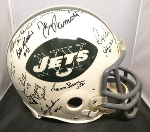 1969 New York Jets Team assinou um capacete de futebol em tamanho grande com Steiner CoA - Capacetes NFL autografados
