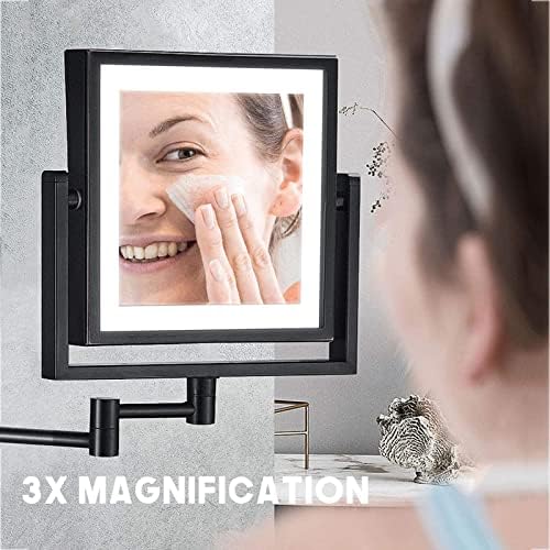 Espelho de maquiagem montado na parede com ampliação de 3x, espelhos de vaidade iluminados com aumento recarregável de 8 polegadas