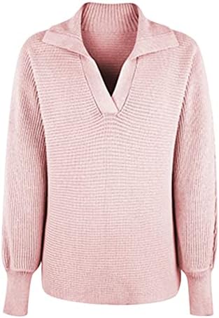 Moda Moda Moda Cor Solid V pescoço de manga comprida malha de malha de balão suéter de suéter de lã de lã de lã superior
