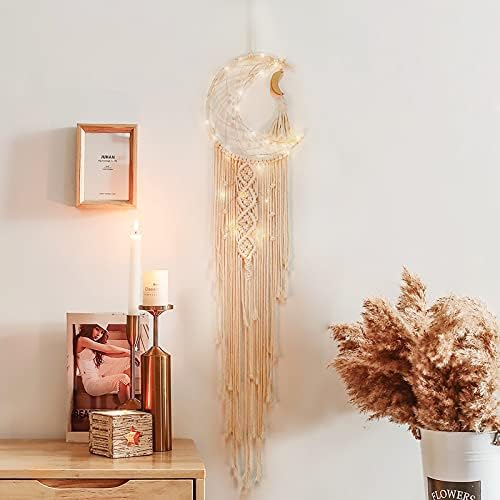 Ourwarm Moon Dream Catcher Decor de parede, Macrame Wall pendurado Boho Dream Catcher com LED String Light Craft Gifts para crianças Garotas adolescentes Bastor Bohemian Farmhouse Decor, 40 x 10 polegadas