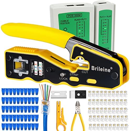 Brilheira passa pelo kit de ferramentas de crimpagem RJ45, RJ45 Passe pelo crimper Ethernet com testador de cabo de rede, 50pcs Cat6 Passe por conectores, botas 50pcs RJ45, mini -stripper, cortador de arame