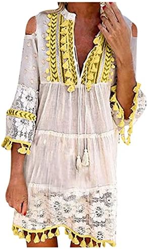 Romances Fragarn Beach para mulheres, Mulheres Moda Moda de três quartos Boho Dress Dress Lace Tassel Mini Vestido de decote em V