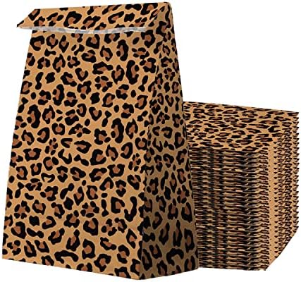 Sacos de presente de papel pequenos de Gelyijix, sacos de presente fofos em massa para mulheres, homens, festa, feriado, padrão de leopardo marrom, 24 pc