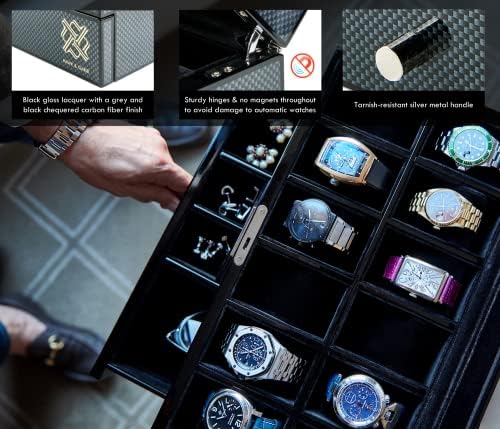 Hawk & Gable Luxury 12 Slot Watch Box Organizer com gaveta de manobrista, exibição de vidro e trava, compartimentos largos se encaixam em relógios grandes, forro de veludo, estojo de jóias masculinas, acabamento em fibra de carbono