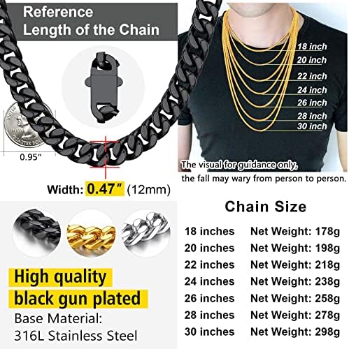 ChainsPromax pode gravar os homens Miami Cuban Link Chain, 5/7/9/12,5mm de largura, aço de aço/ouro de 18 a 30 de comprimento/ouro banhado/preto