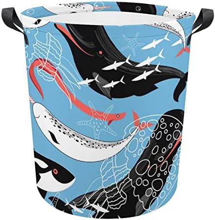 Baleias marinhas incríveis animais oceanos redondo lavanderia cesto colapsível impermeável cestas de roupas sujas com alças Bolsa de