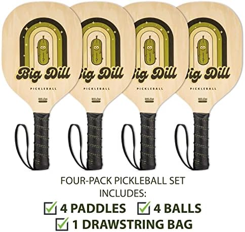 Big Dill Pickleball Co. Superstar Pickleball Paddles Conjunto de 4 pás de madeira - pacote de 4 pushles pickleball, 4 bolas