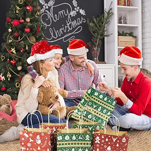 Raweao 24 PCs Pequenos sacolas de presente de Natal - 6 estilos Decorações de Natal Sacos de papel Kraft com alças para embalagem de presentes, suprimentos de festa