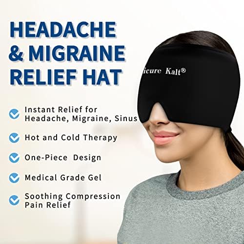 Physicure Kalt Dor de cabeça e enxaqueca, chapéu de cabeça de enxaqueca confortável, tampa de alívio da enxaqueca de terapia a frio para tensão, seio e alívio do estresse