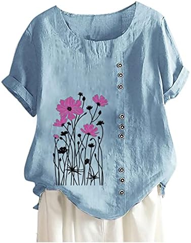 Camisetas de verão de linho de algodão para mulheres confortáveis ​​tampos de primavera respiráveis ​​Botões de manga