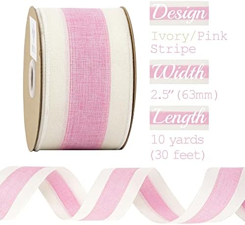 Meedee rosa rosa faixa com fio fita rosa fita listrada de 2,5 polegadas fita rosa de molho rosa com faixas de marfim borda fita com fio rosa claro para grinaldas lanterna de lanterna