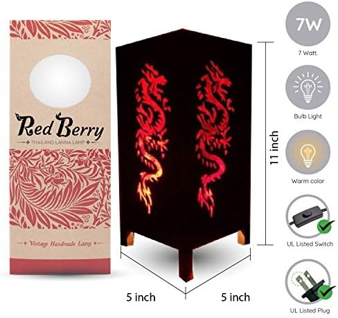 Lâmpada japonesa de cabeceira de cama vermelha - luminária de mesa decorativa de inspiração asiática vintage com lâmpada de lâmpada quadrada de tecido - lâmpada de piso preto de dragão vermelho para quarto para o quarto, mesa, sala de estar, dragão vermelho