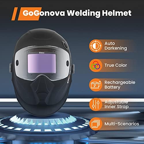 Conjunto de capacete de soldagem grande de visualização, Gogonova recarregável Auto escurecimento Máscara solar/solar de bateria True Solar/Batter