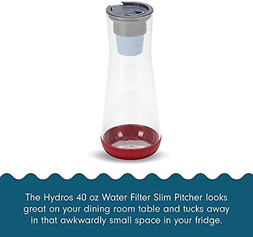 Hidros | Filtro de água de 40 onças arremessador slim + pincel | Alimentado pela Fast Flo Tech | 40 segundos de enchimento rápido | 5 xícara de arremessador fino e fino | BPA grátis | Vermelho