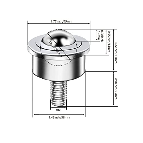 4pcs 1 ”Rolante de transferência de bola Rolo de transferência de bola, M12 Thread Ball Transfer Ball Duty Roller para transmissão,