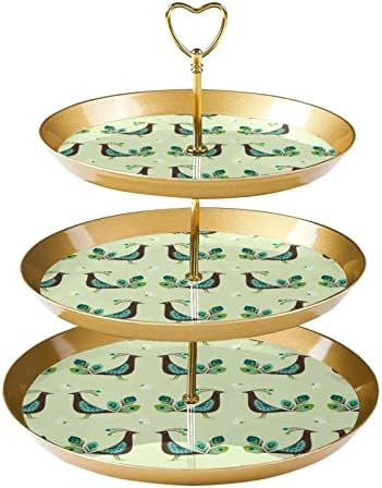 3 Stand de sobremesa em camadas, suporte de árvore da torre de cupcakes dourados para pastelaria, padrão de pavão de pavão