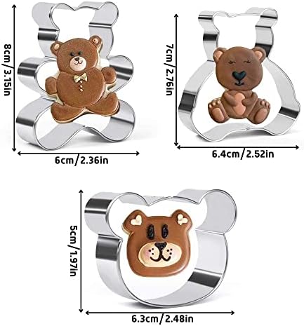 Crethinkaty Teddy Bear Cookie Cutter Conjunto - 3 peças Urso Face e ursinho de pelúcia Biscoito de aço inoxidável Biscoit Cutters Decoração