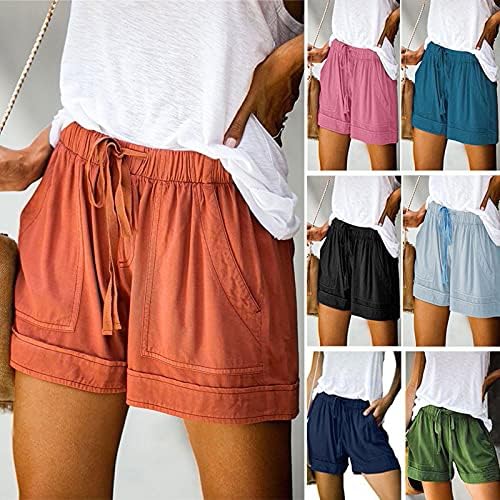 Shorts de linho de algodão Firero para feminino complicações confortáveis ​​emenda casual cintura elástica bolsa de