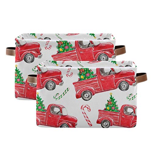 Bin de armazenamento retangular Festive Christmas Red Truck Vintage Car Holida de inverno Tecido de lona com alças - cesta