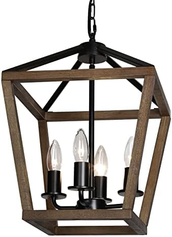 Luz de pendente de lanterna com 4 luzes da Telafly, lustre de fazenda de gaiola de madeira preta para ilha de cozinha, 12 '
