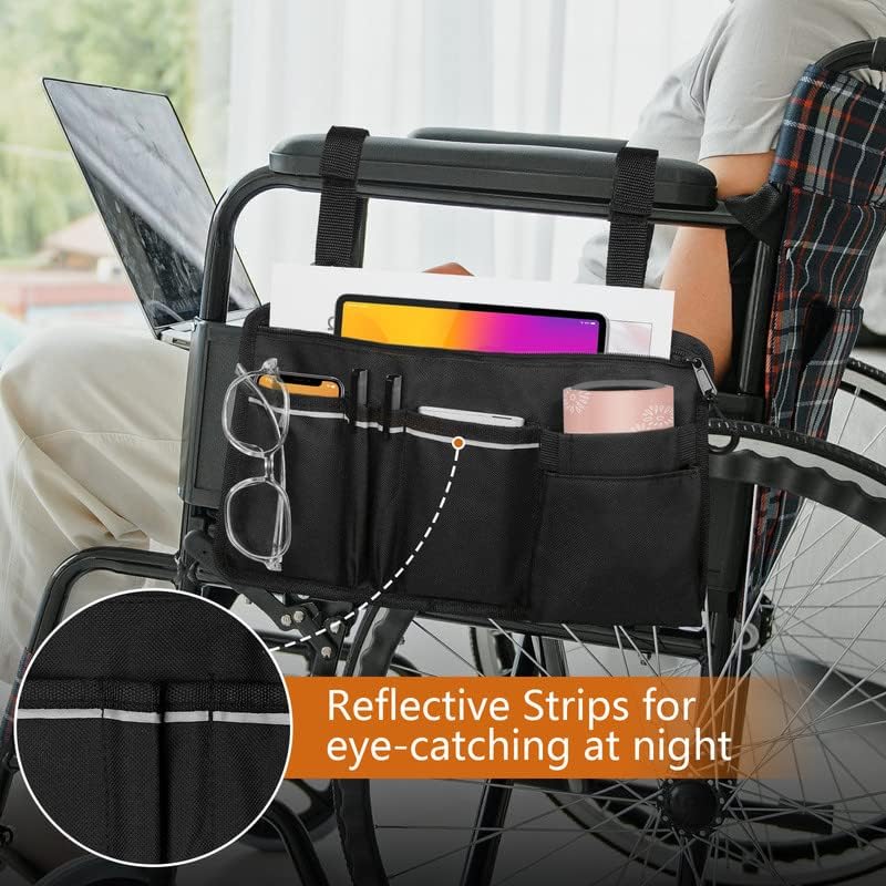 Bolsa lateral de cadeira de rodas Hikaso, acessórios para apoios de braço armazenamento com faixa reflexiva e porta -copos para a maioria das cadeiras de rodas, caminhantes ou roladores