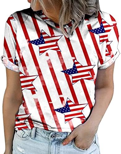 Tees de verão para mulheres Quarto de julho Camiseta de manga curta USA Tops impressos Tops redondos Camisas do Dia