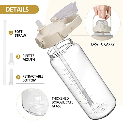 Kytffu 64 onças de água de vidro com palha, vidro de garrafa de água motivacional de meio galão com manga de armazenamento protetora
